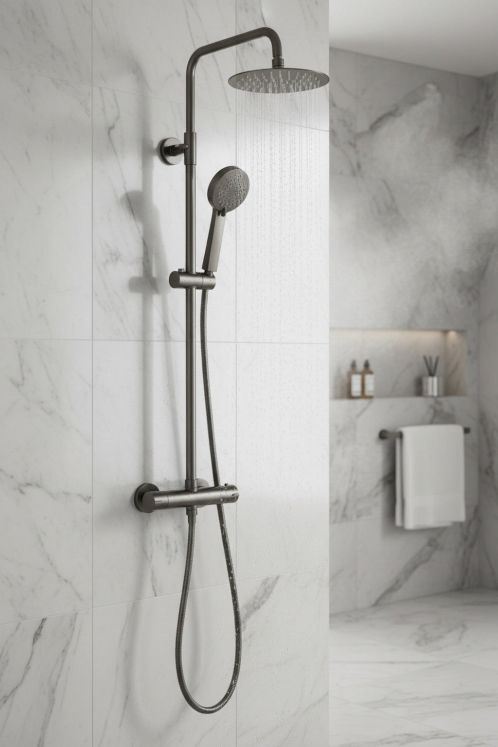 Dune round thermostatic shower set 200mm head & handheld - gunmetal grey