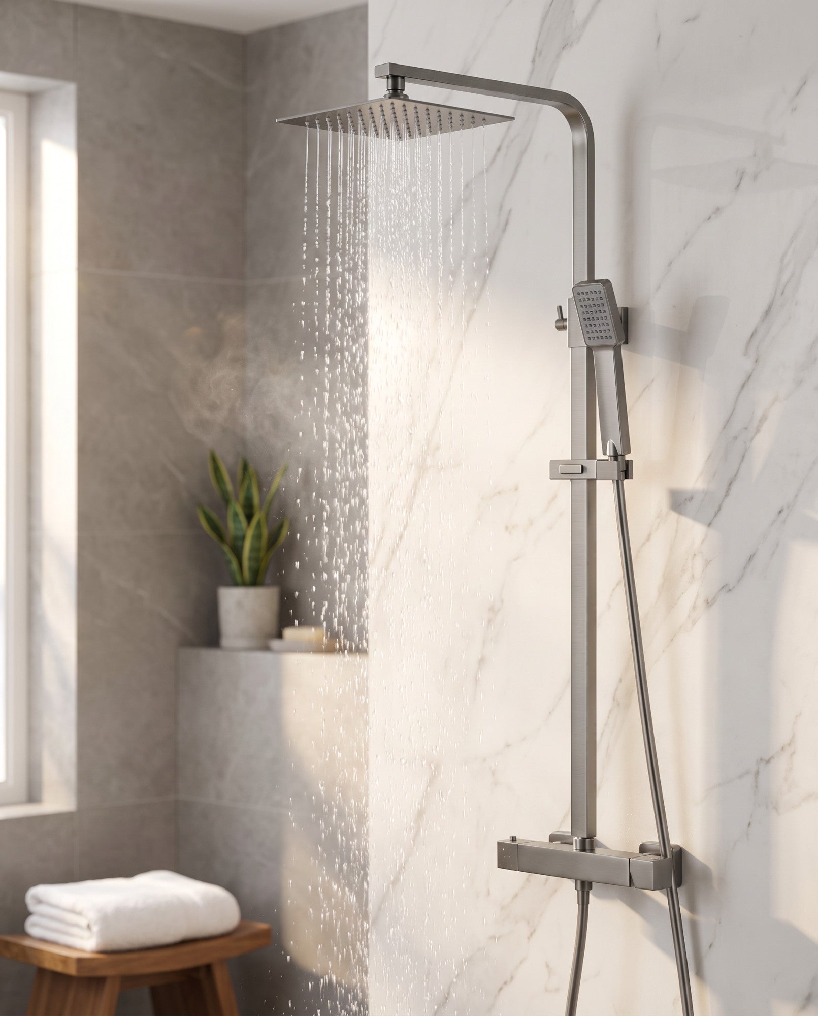 Enzo square thermostatic shower set two outlet with ultra slim 200mm shower head and handheld - gunmetal grey
