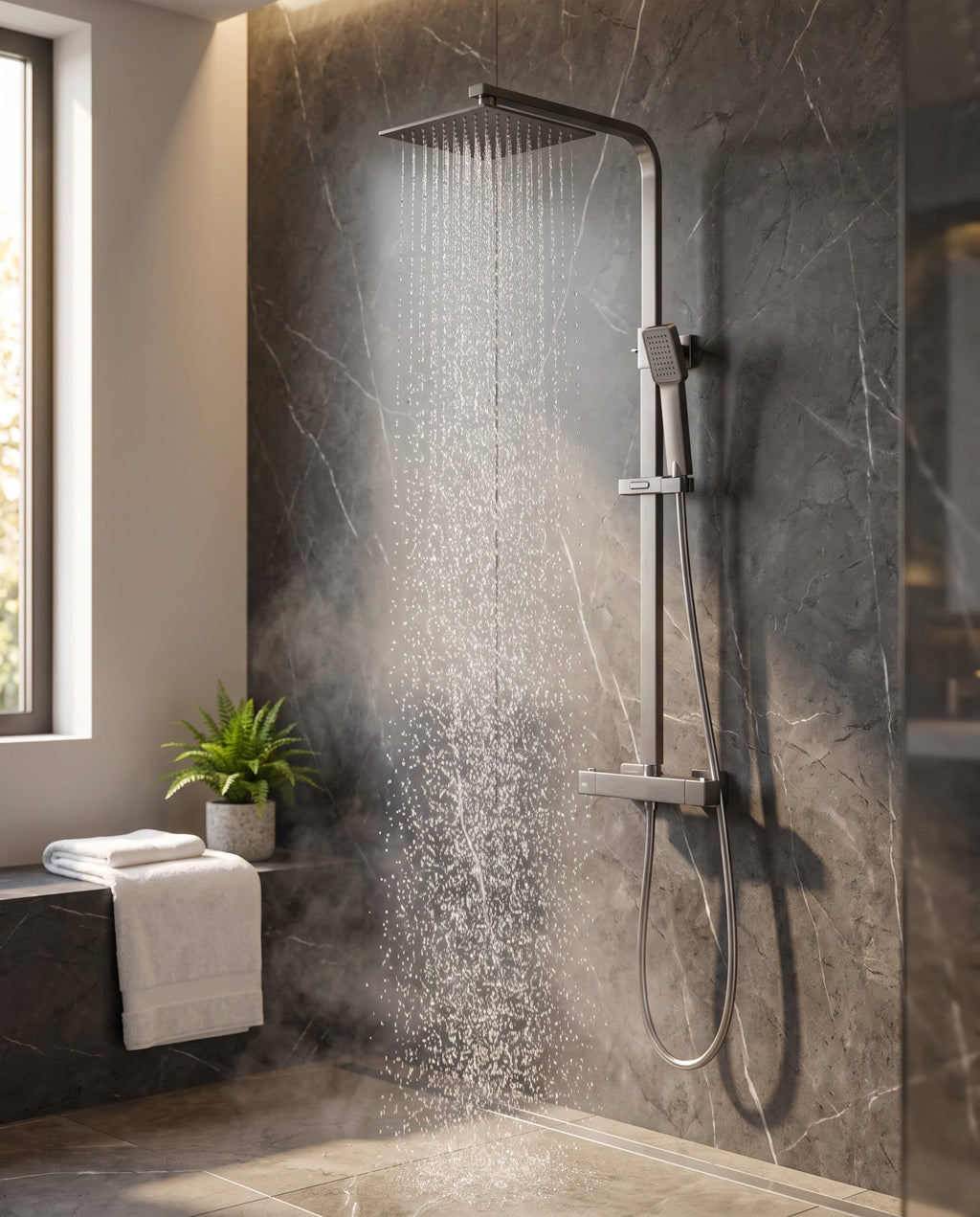 Enzo square thermostatic shower set two outlet with ultra slim 200mm shower head and handheld - gunmetal grey