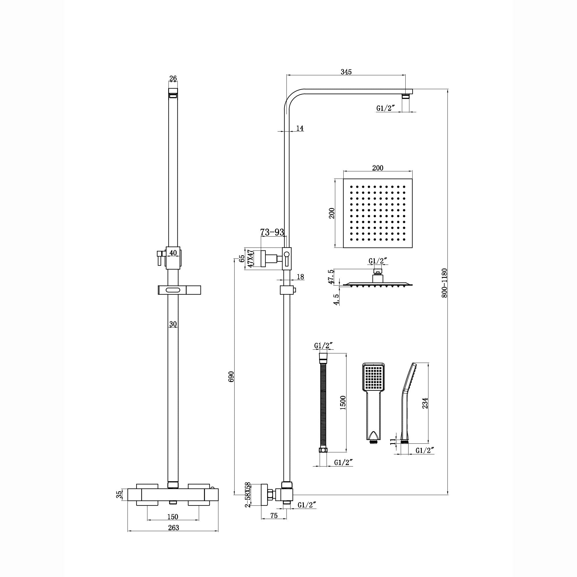 Enzo square thermostatic shower set two outlet with ultra slim 200mm shower head and handheld - gunmetal grey