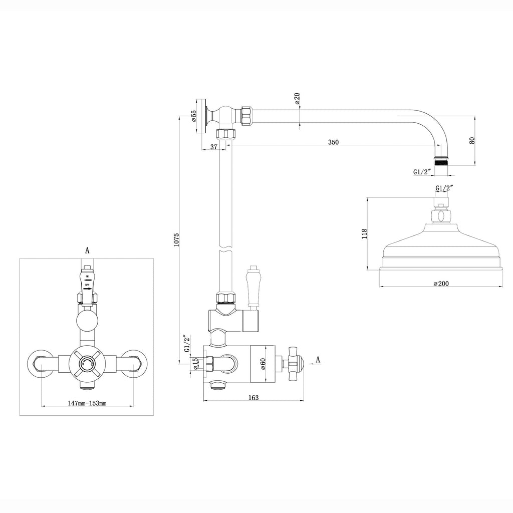 Windsor traditional thermostatic shower set single outlet incl. angled riser rail, rain shower head 200mm - brushed brass