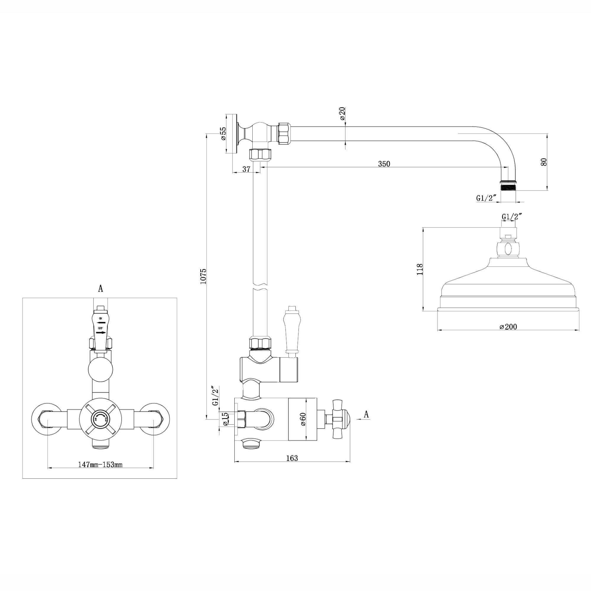 Windsor traditional thermostatic shower set single outlet incl. angled riser rail, rain shower head 200mm - brushed brass