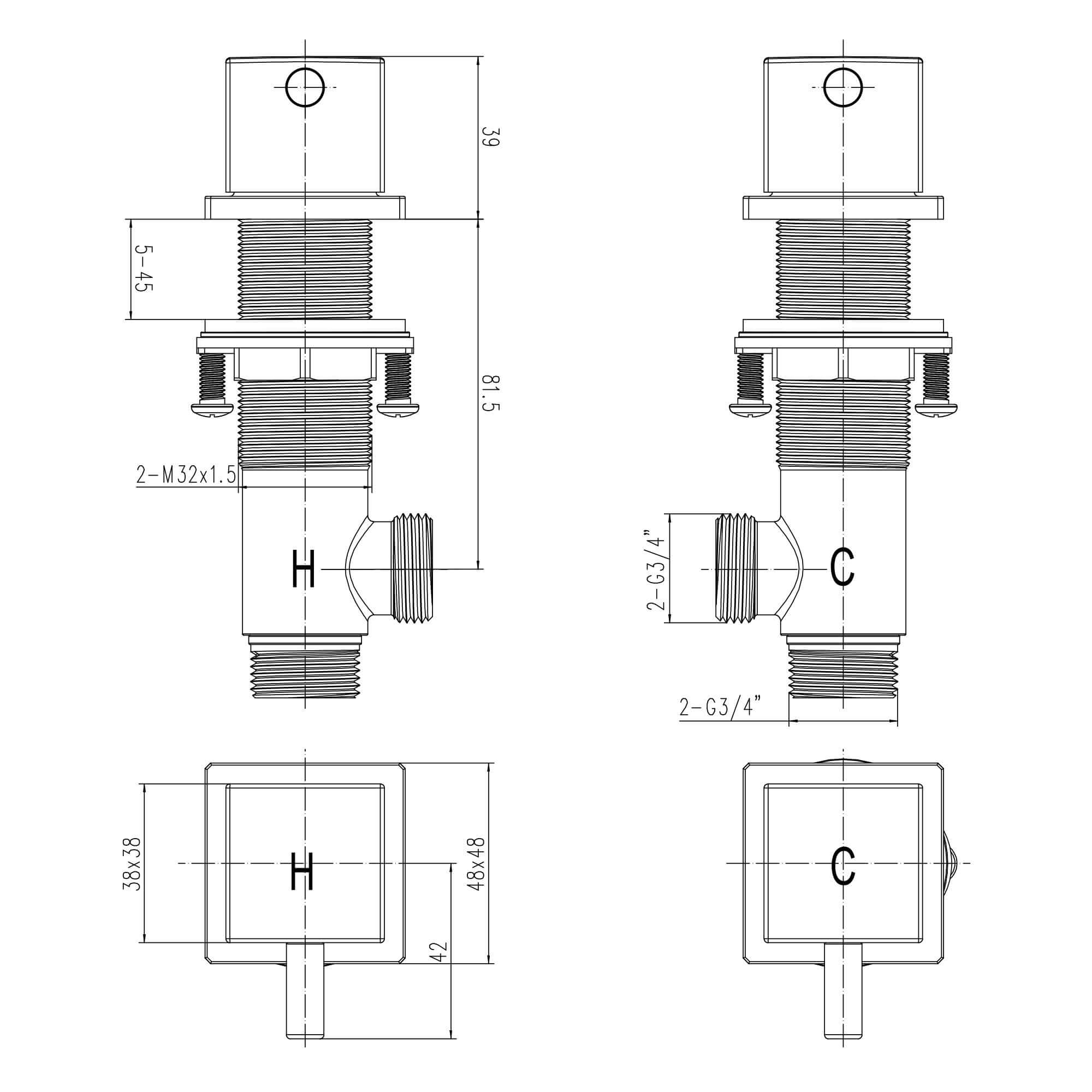 Square 3/4" deck bath side valves (pair) - black