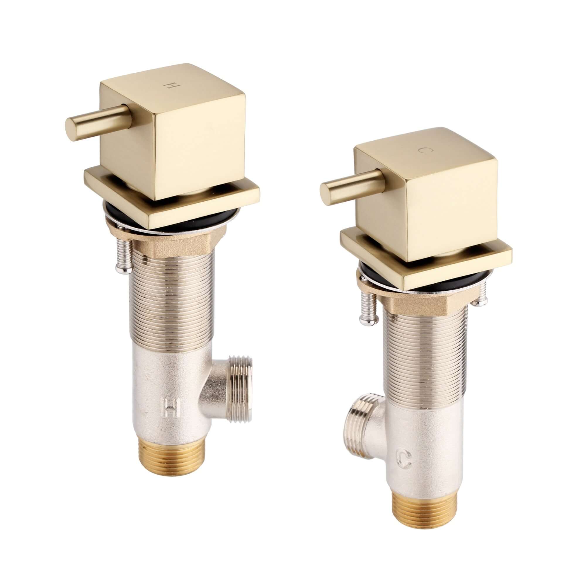 Square 3/4" deck bath side valves (pair) - brushed brass