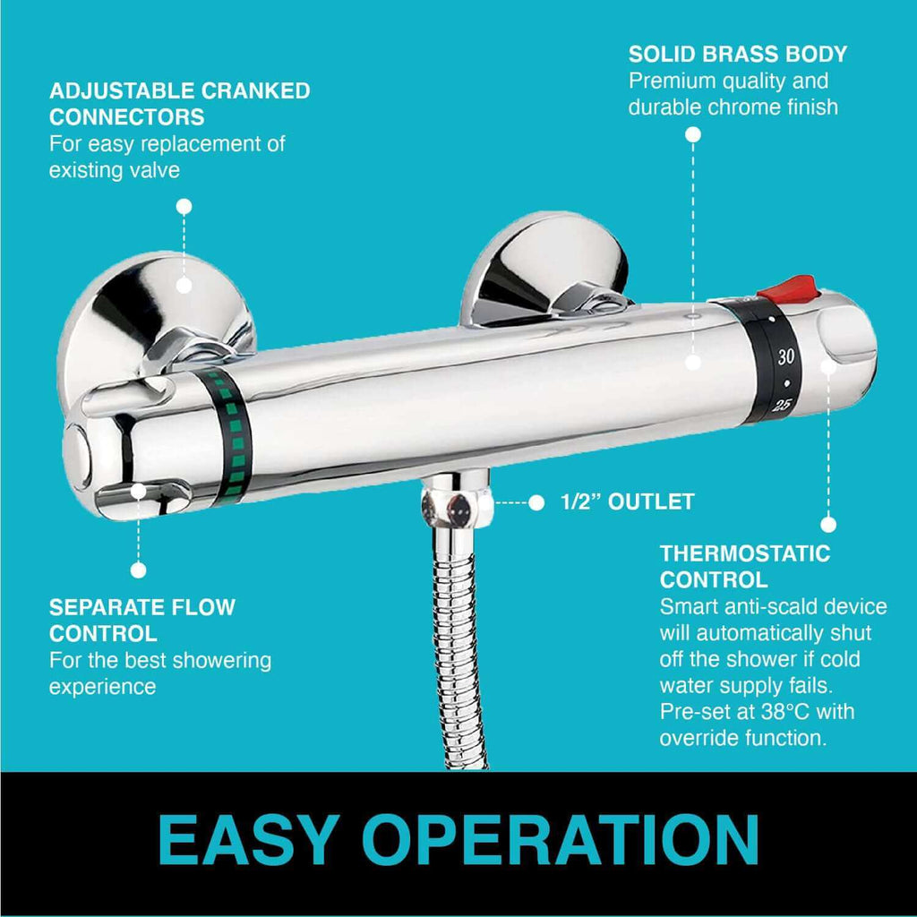 Luna standard thermostatic bar shower valve bottom outlet - chrome