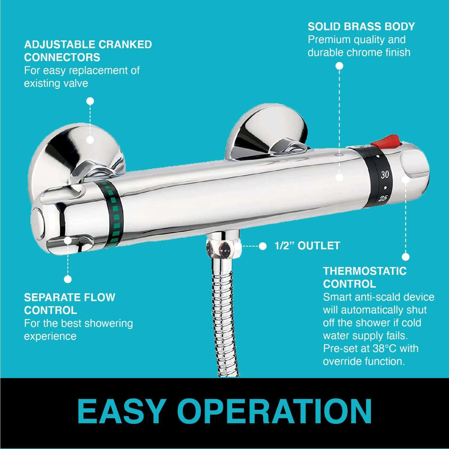 Luna standard thermostatic bar shower valve bottom outlet - chrome