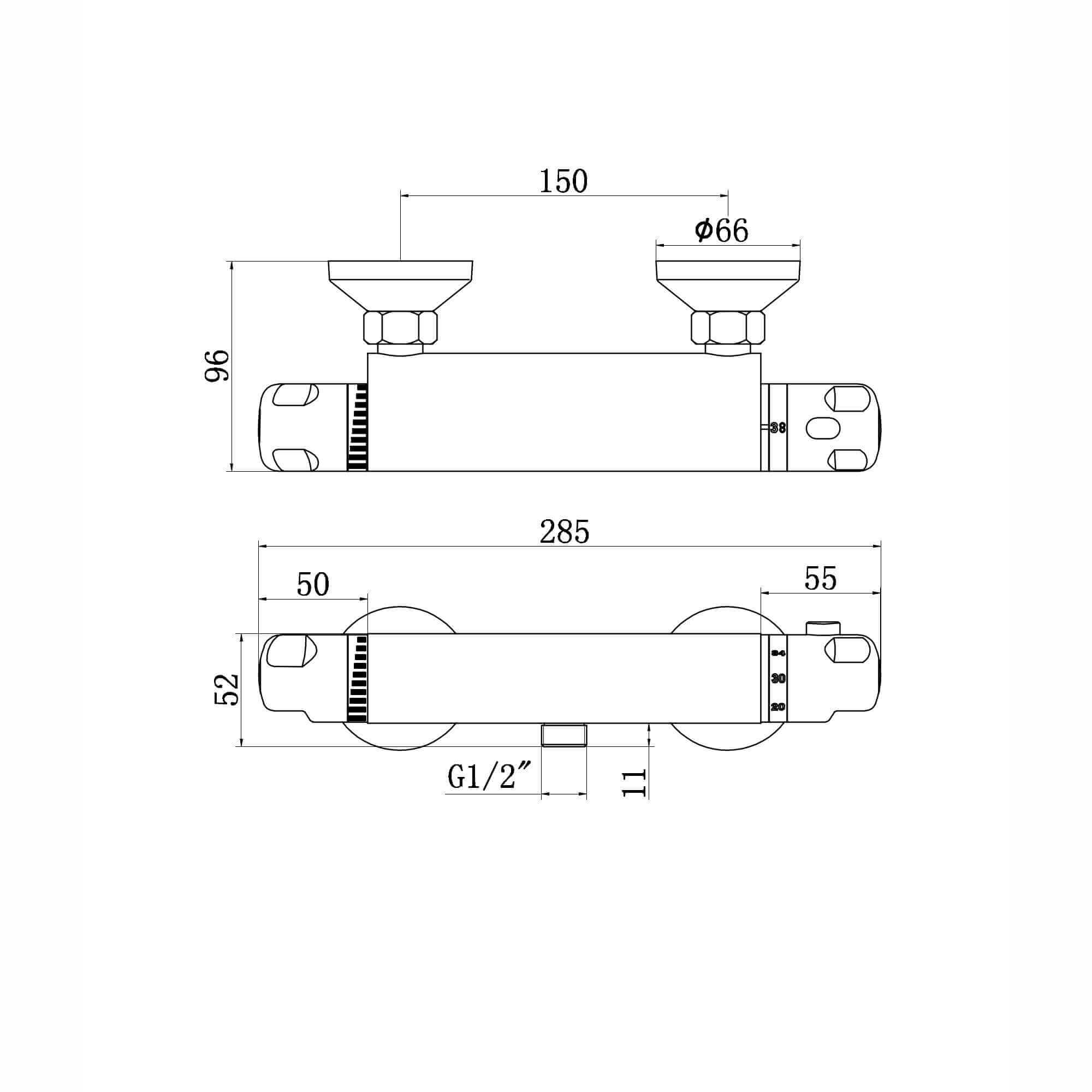 Luna standard thermostatic bar shower valve bottom outlet - chrome
