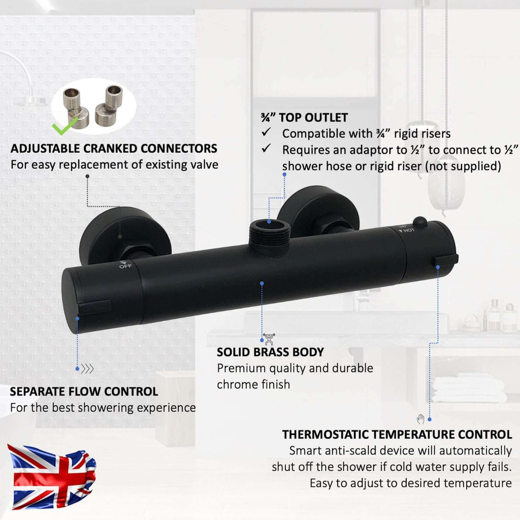 Dune thermostatic bar shower mixer valve top outlet 3/4" outlet contemporary - matt black