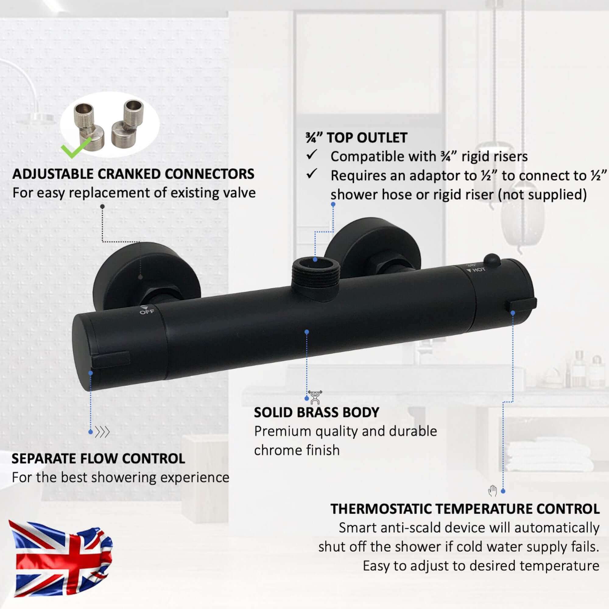 Dune thermostatic bar shower mixer valve top outlet 3/4" outlet contemporary - matt black
