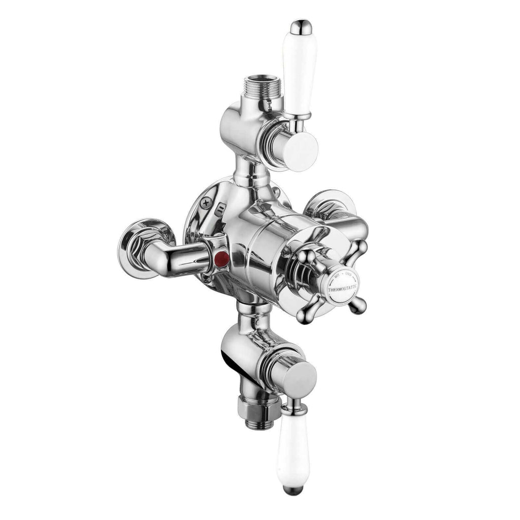 Downton traditional triple thermostatic shower valve two outlet - chrome & white