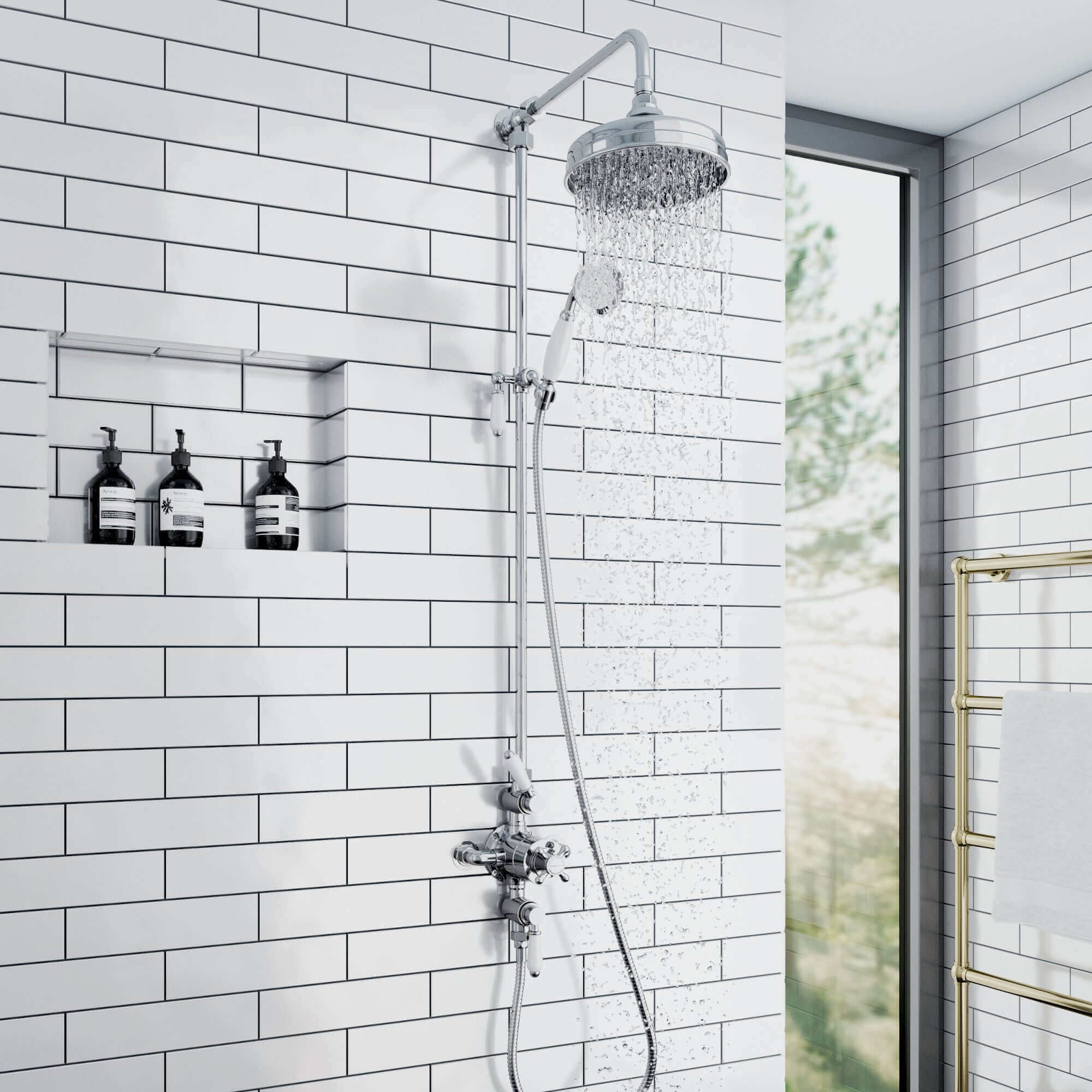 Downton traditional triple thermostatic shower valve two outlet - chrome & white