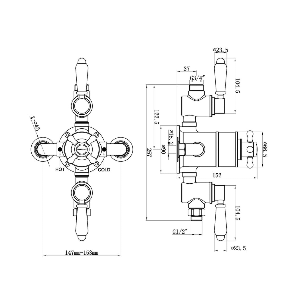 Downton traditional triple thermostatic shower valve two outlet - chrome & white