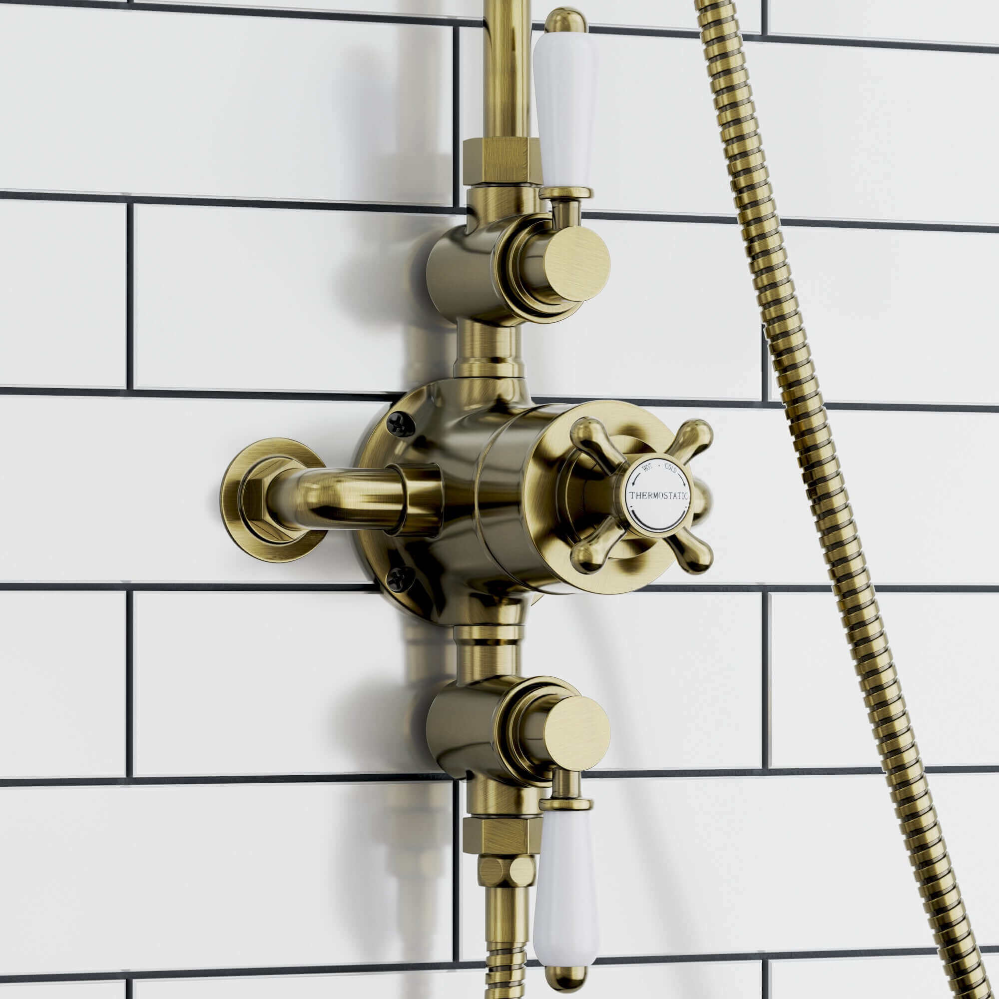 Downton traditional triple thermostatic shower valve two outlet - antique brass