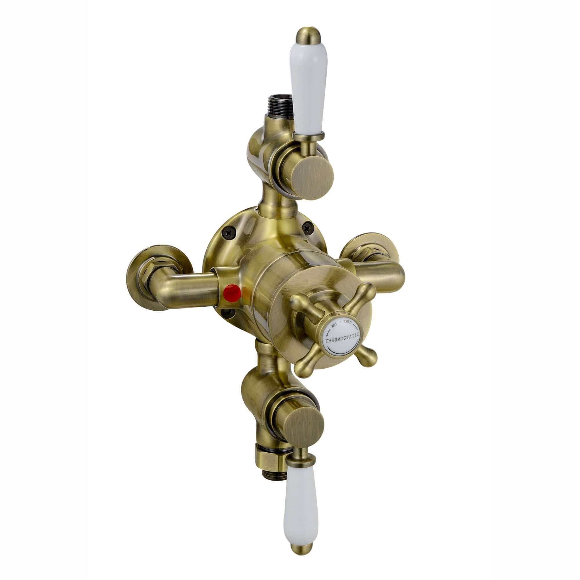 Downton traditional triple thermostatic shower valve two outlet - antique brass