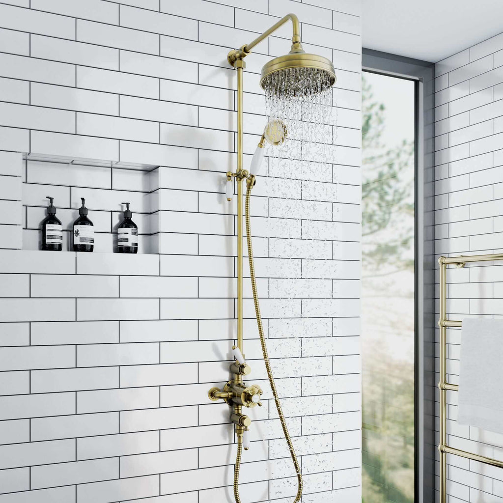 Downton traditional triple thermostatic shower valve two outlet - antique brass