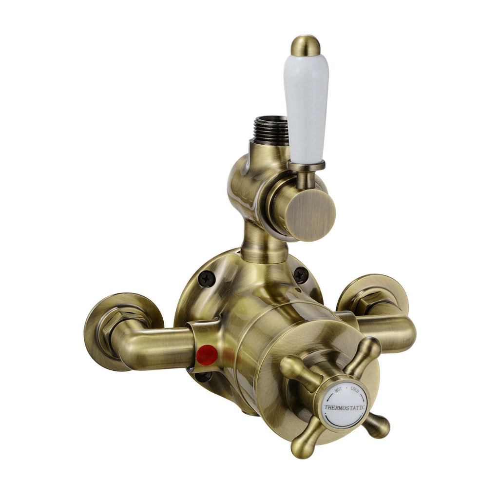 Downton traditional twin thermostatic shower valve exposed 3/4" top outlet  - antique brass