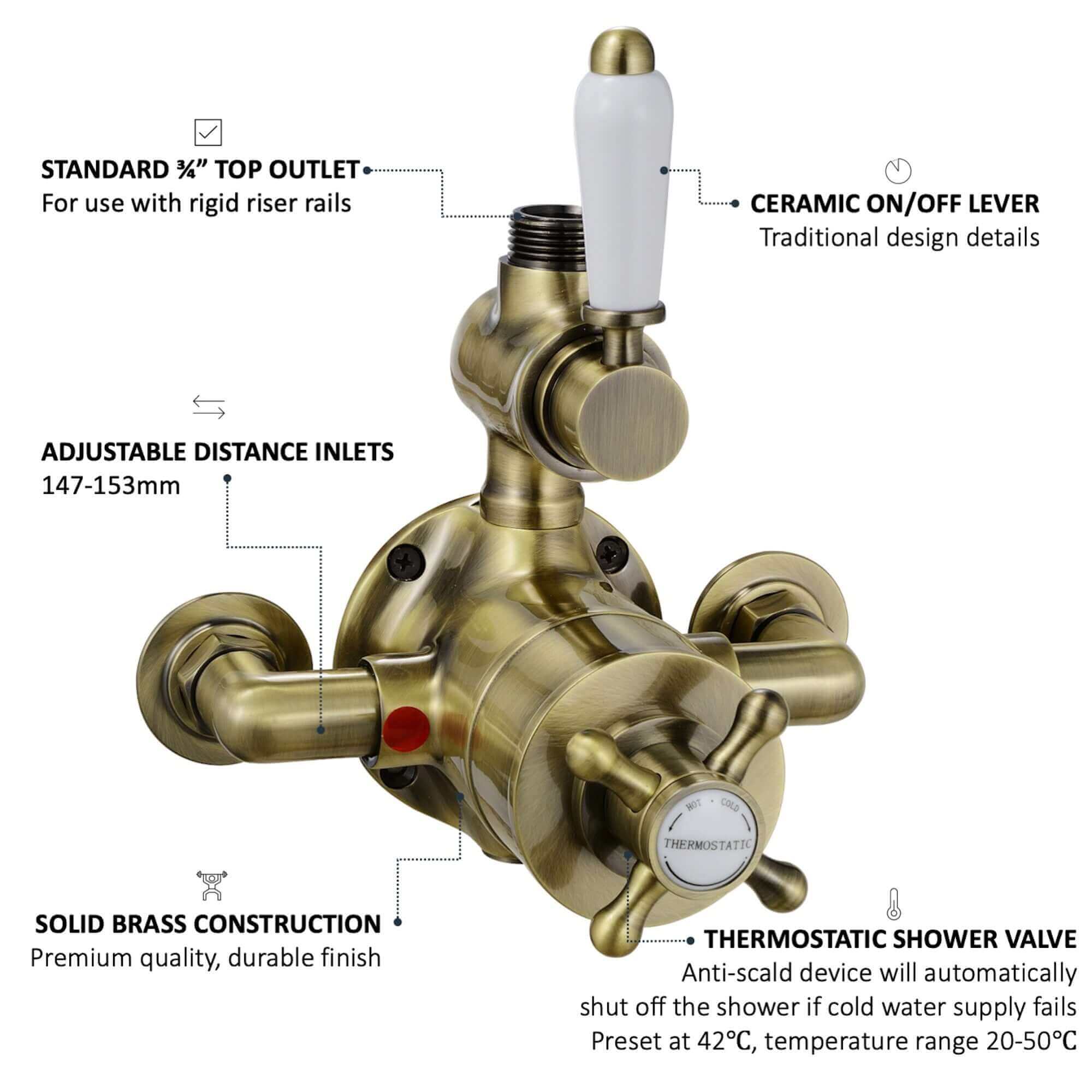 Downton traditional twin thermostatic shower valve exposed 3/4" top outlet  - antique brass