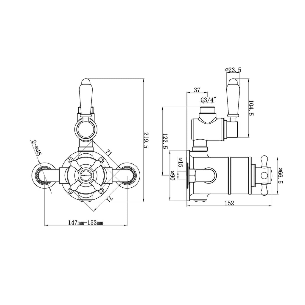 Downton traditional twin thermostatic shower valve exposed 3/4" top outlet  - antique brass