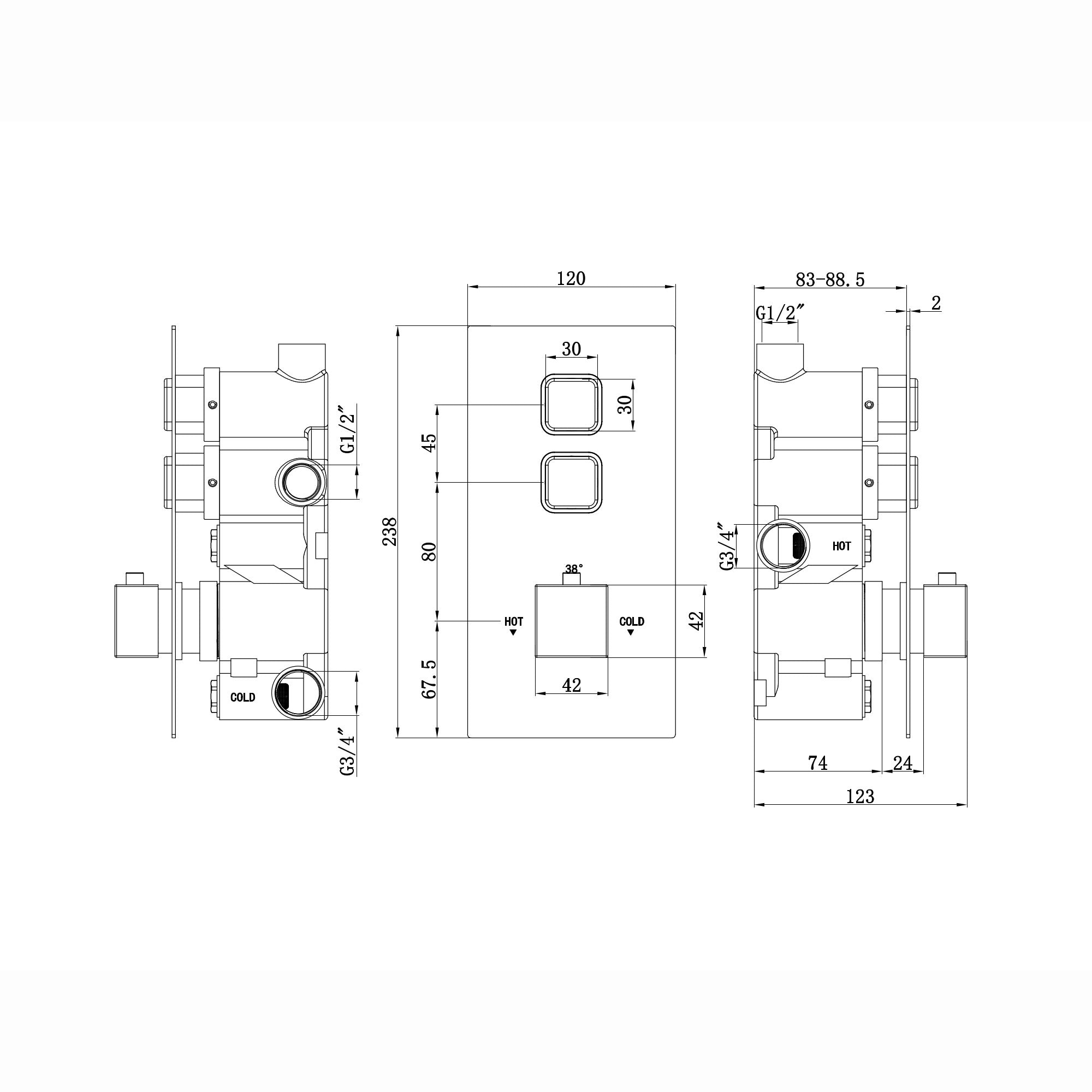 Spello square push button concealed thermostatic shower valve with 2 outlets - chrome