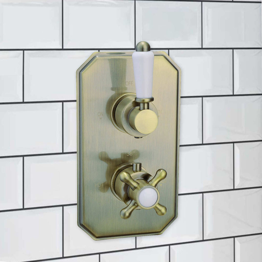 Regent traditional crosshead and lever concealed thermostatic twin shower valve with 2 outlets - antique brass