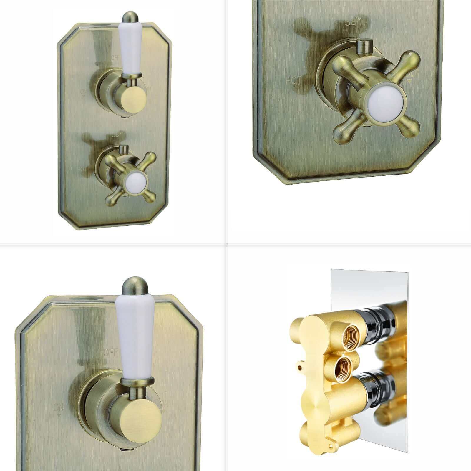 Regent traditional crosshead and lever concealed thermostatic twin shower valve with 2 outlets - antique brass