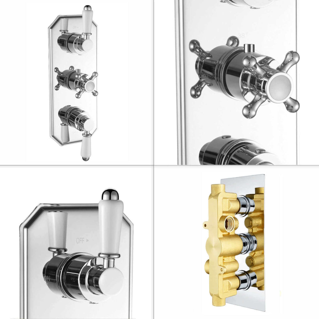 Regent traditional crosshead and white lever concealed thermostatic triple shower valve with 2 outlets - chrome