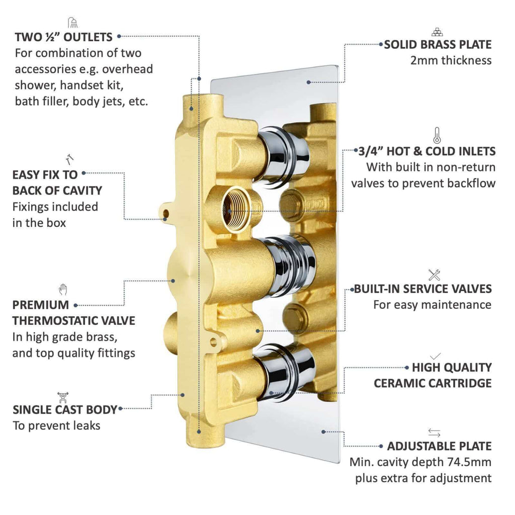 Regent traditional crosshead and white lever concealed thermostatic triple shower valve with 2 outlets - chrome