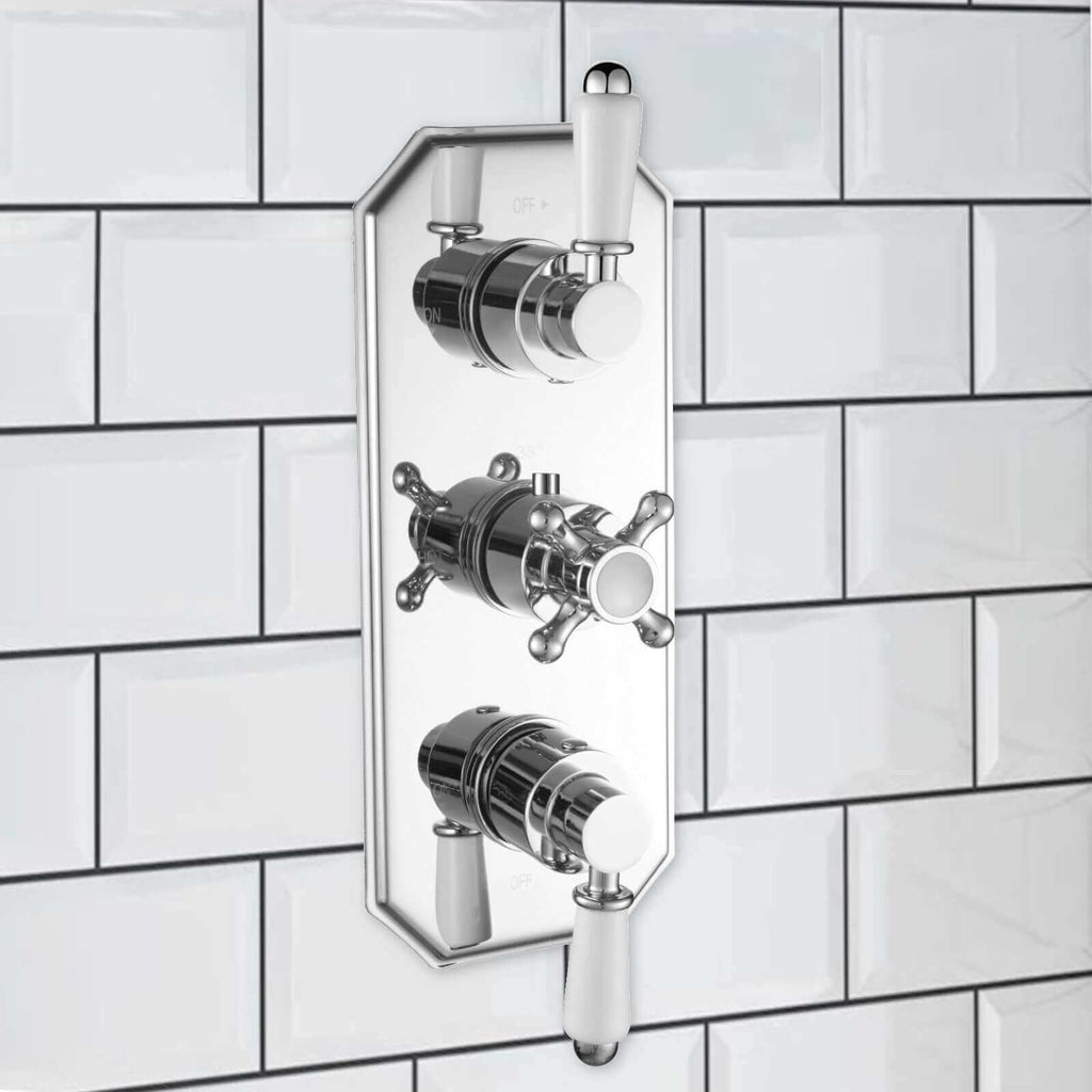 Regent traditional crosshead and white lever concealed thermostatic triple shower valve with 3 outlets - chrome