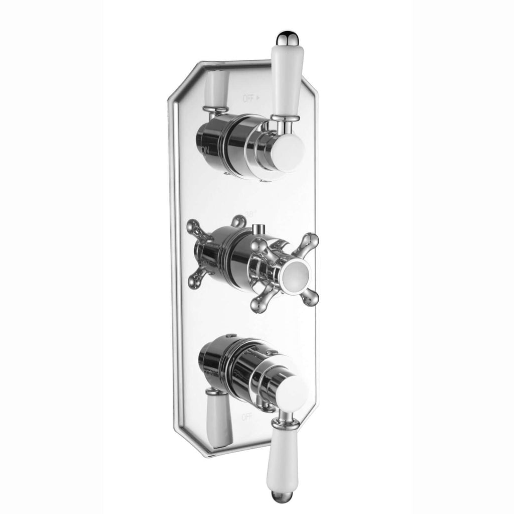 Regent traditional crosshead and white lever concealed thermostatic triple shower valve with 3 outlets - chrome