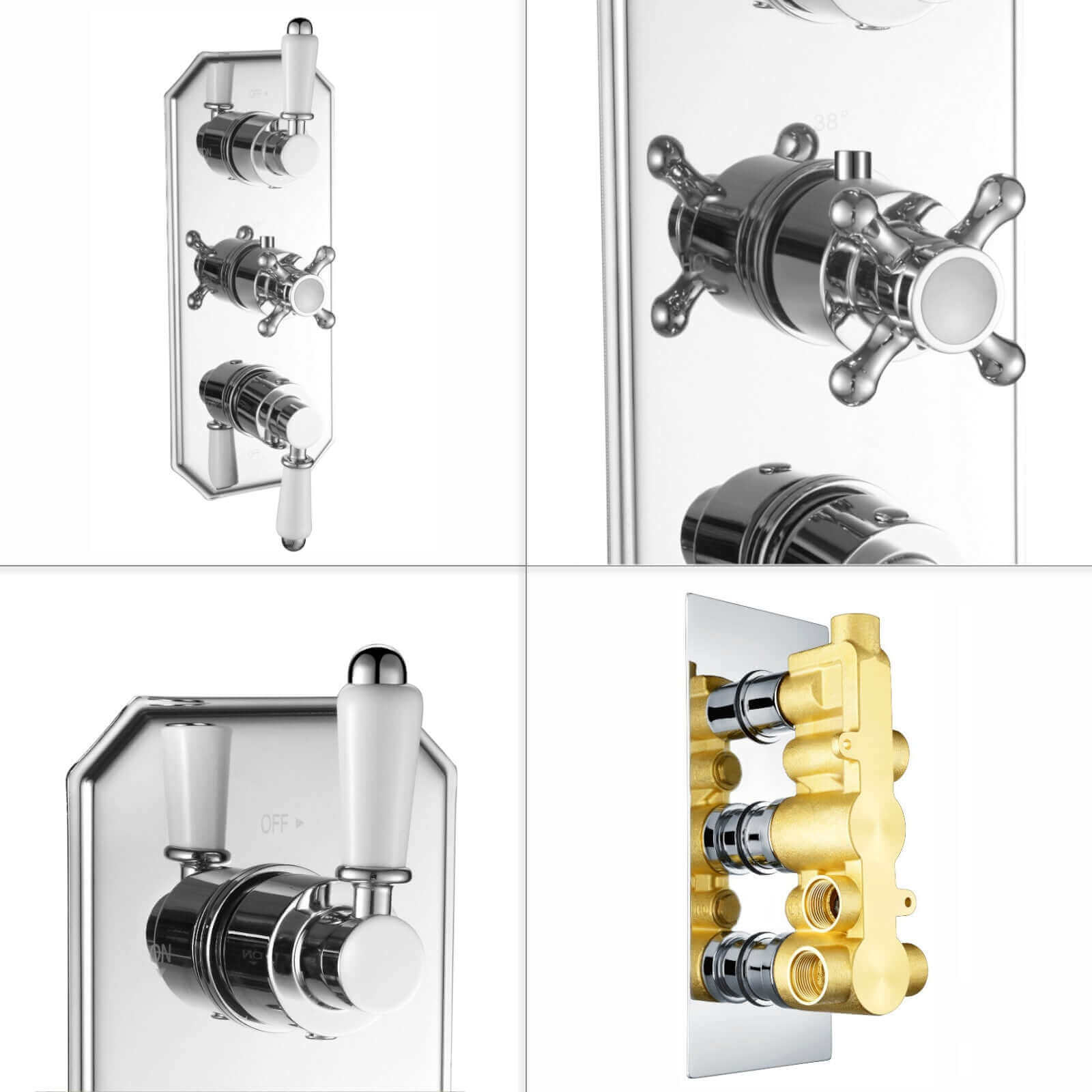 Regent traditional crosshead and white lever concealed thermostatic triple shower valve with 3 outlets - chrome