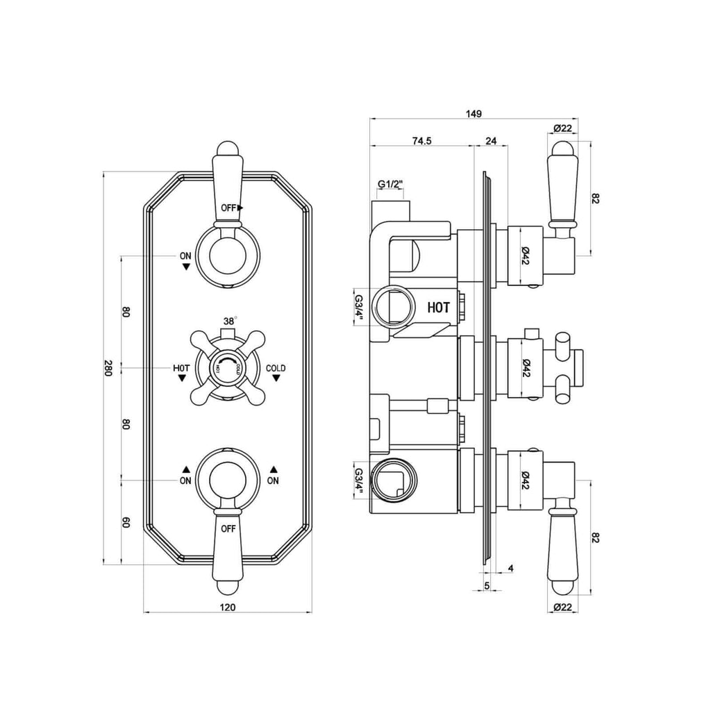 Regent traditional crosshead and white lever concealed thermostatic triple shower valve with 3 outlets - chrome