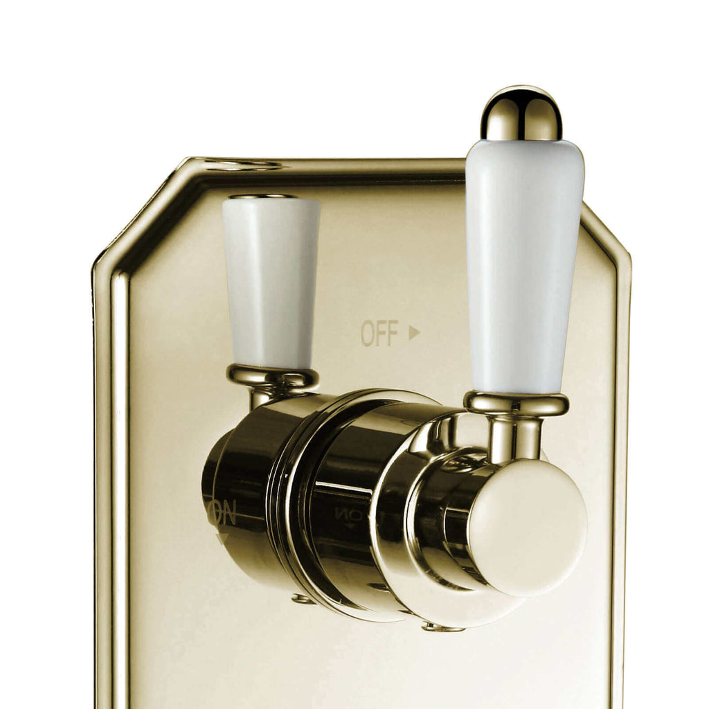 Regent traditional crosshead and white lever concealed thermostatic twin shower valve with 1 outlet - gold