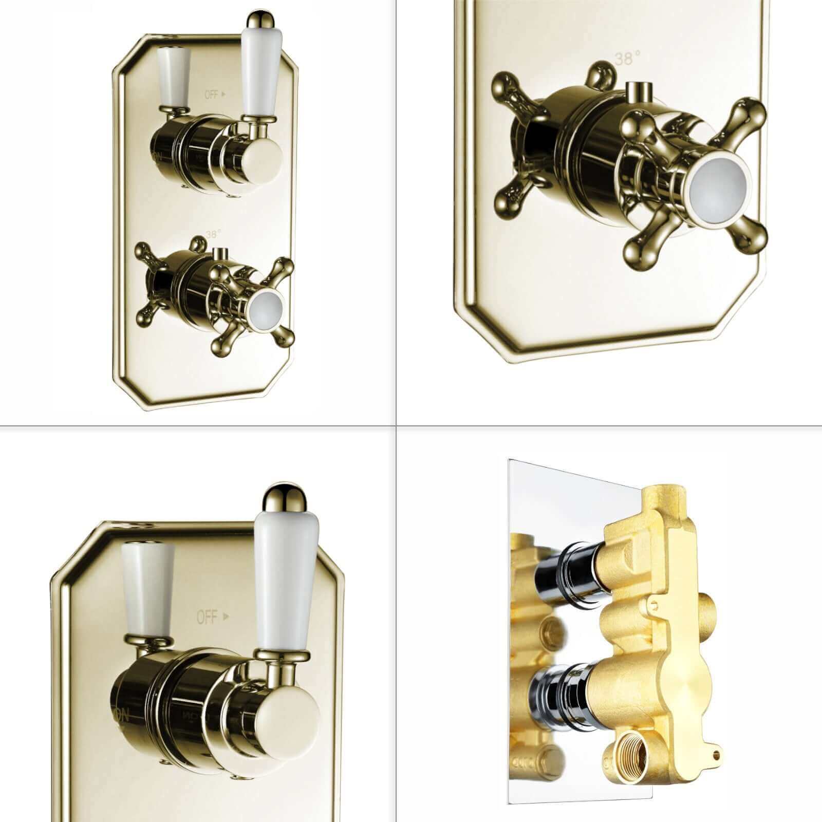 Regent traditional crosshead and white lever concealed thermostatic twin shower valve with 1 outlet - gold