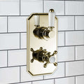 Regent traditional crosshead and white lever concealed thermostatic twin shower valve with 2 outlets - gold