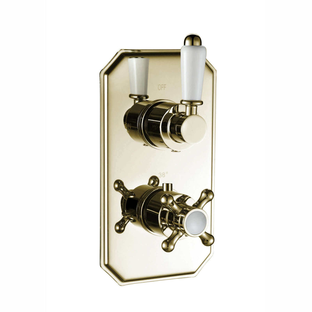 Regent traditional crosshead and white lever concealed thermostatic twin shower valve with 2 outlets - gold