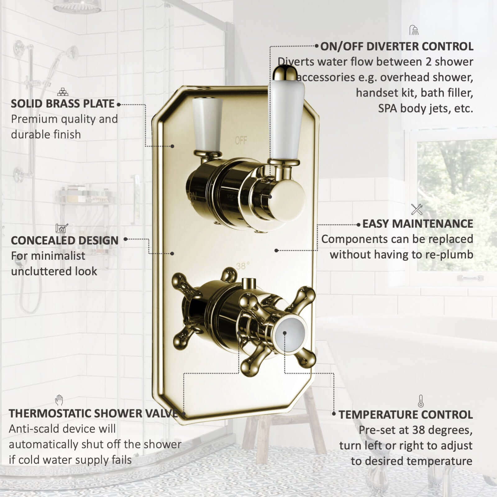 Regent traditional crosshead and white lever concealed thermostatic twin shower valve with 2 outlets - gold