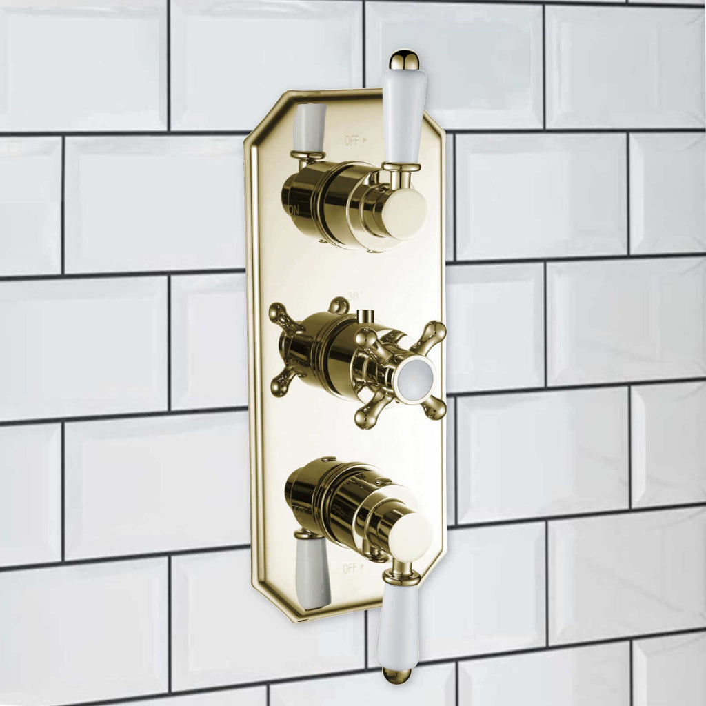 Regent traditional crosshead and white lever concealed thermostatic triple shower valve with 2 outlets - gold