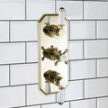 Regent traditional crosshead and white lever concealed thermostatic triple shower valve with 2 outlets - gold