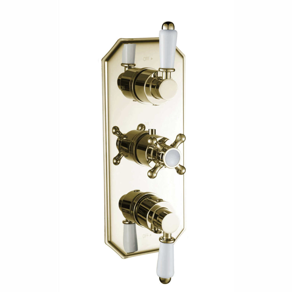 Regent traditional crosshead and white lever concealed thermostatic triple shower valve with 2 outlets - gold