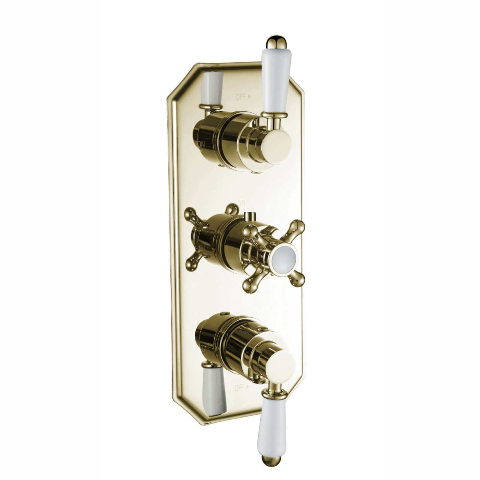 Regent traditional crosshead and white lever concealed thermostatic triple shower valve with 2 outlets - gold
