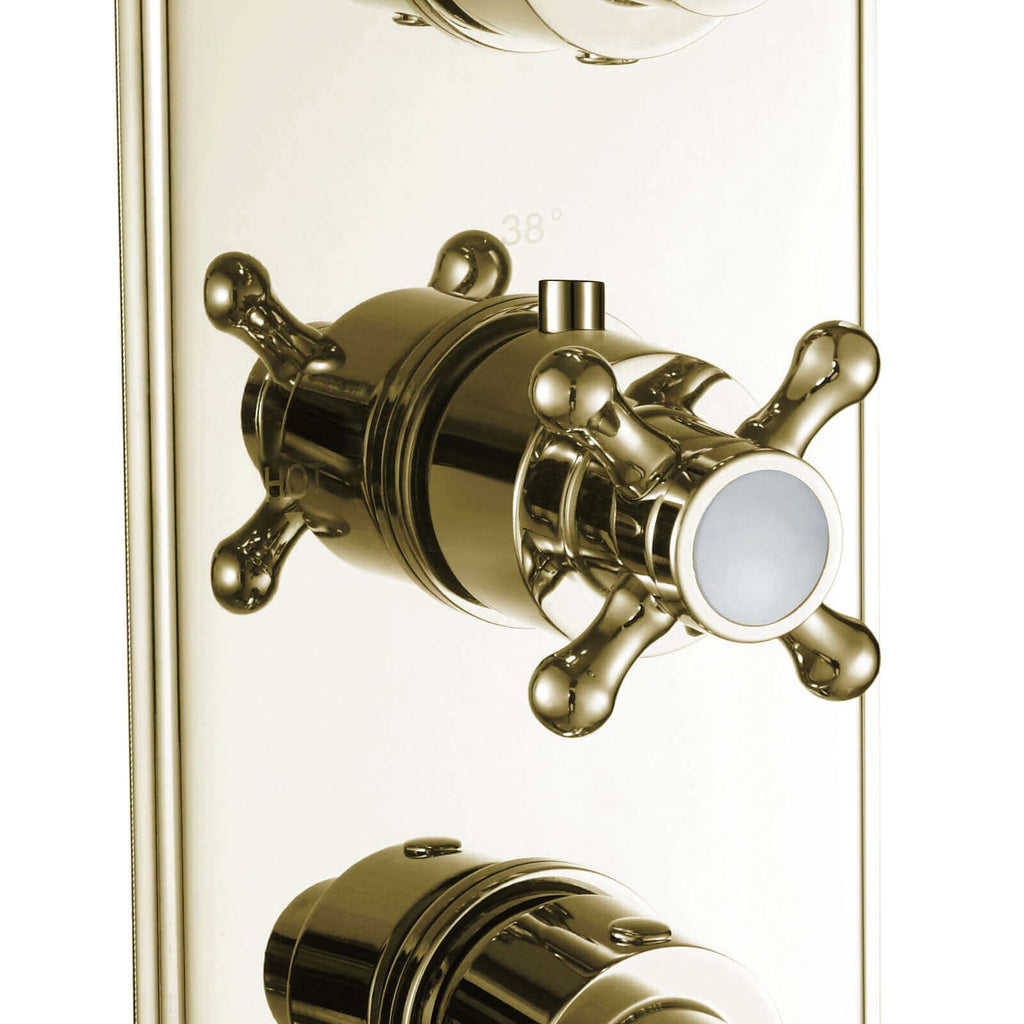 Regent traditional crosshead and white lever concealed thermostatic triple shower valve with 2 outlets - gold