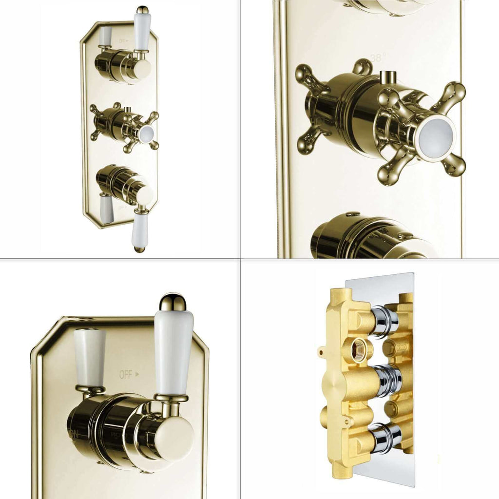 Regent traditional crosshead and white lever concealed thermostatic triple shower valve with 2 outlets - gold