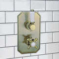 Regent traditional crosshead and white lever concealed thermostatic twin shower valve with 1 outlet - antique brass