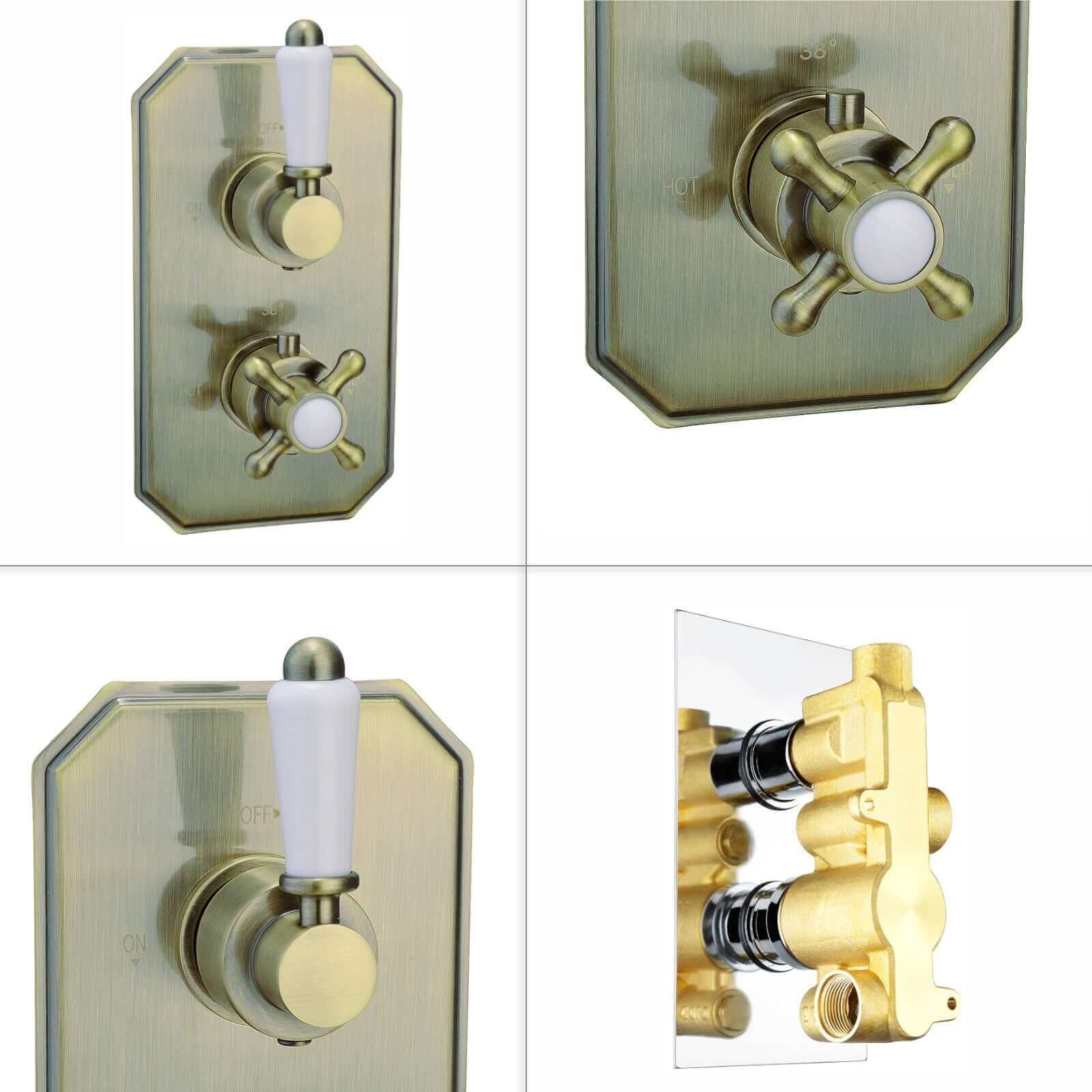 Regent traditional crosshead and white lever concealed thermostatic twin shower valve with 1 outlet - antique brass