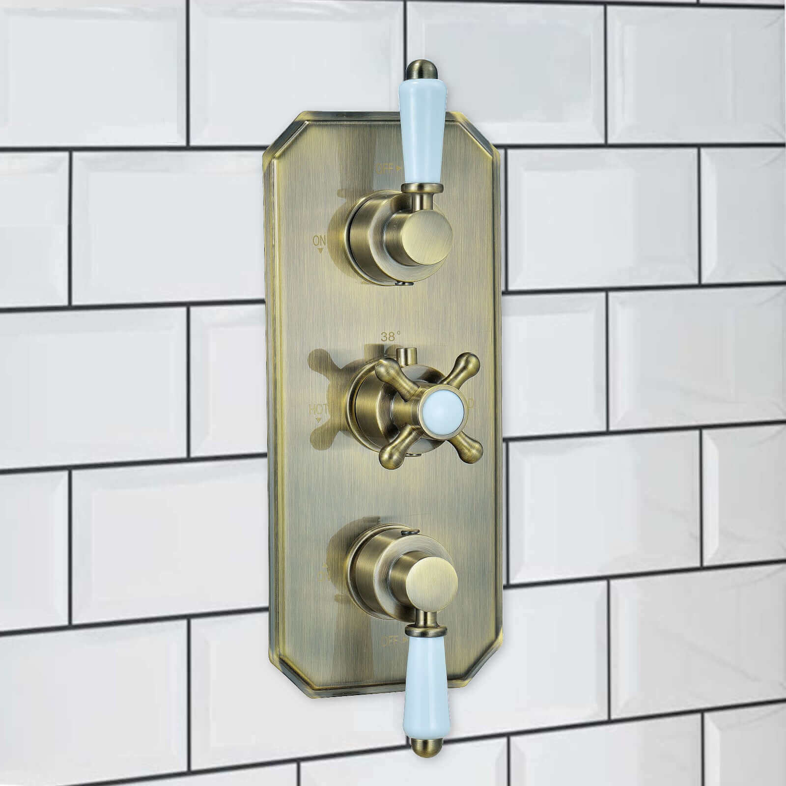Regent traditional crosshead and white lever concealed thermostatic triple shower valve with 2 outlets - antique brass