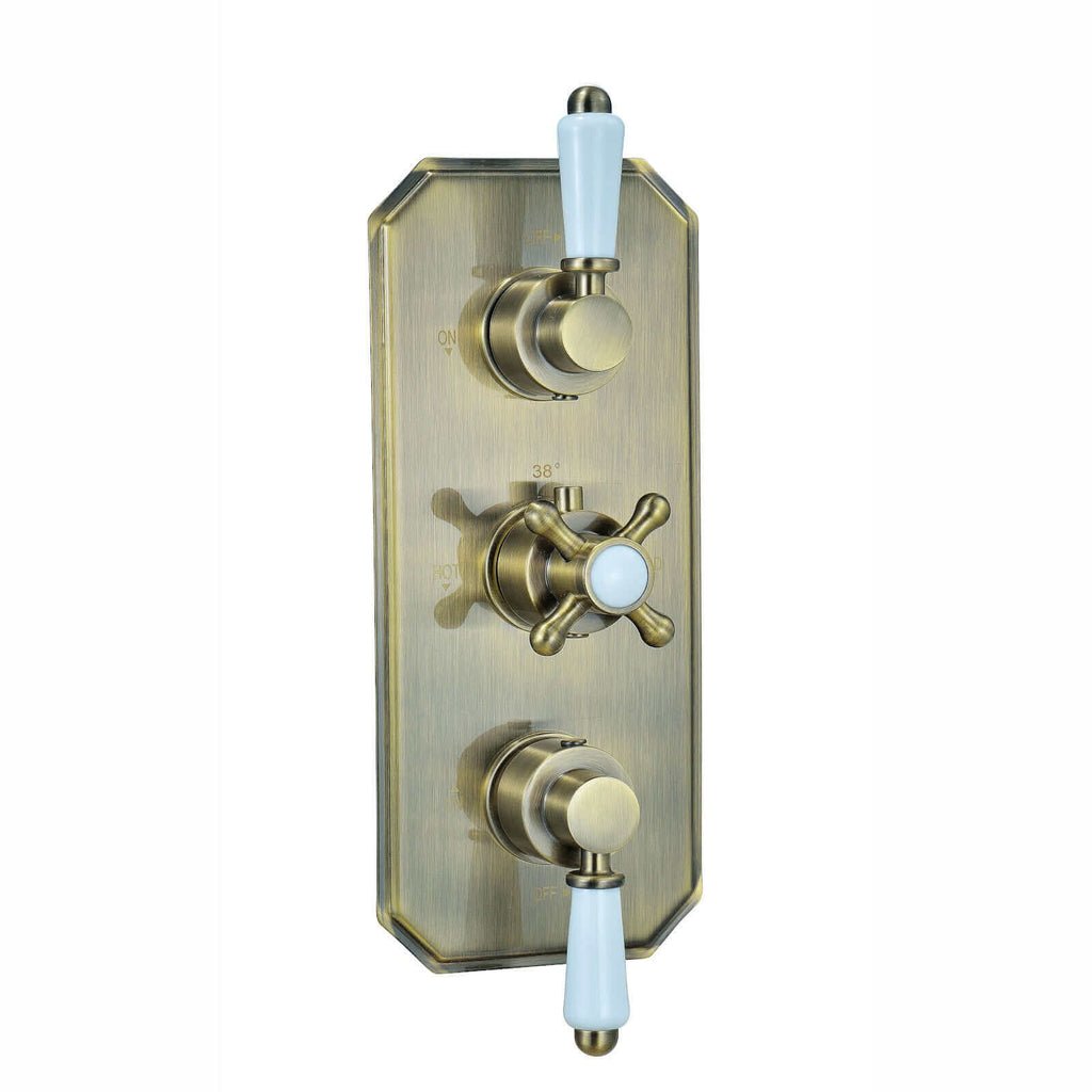 Regent traditional crosshead and white lever concealed thermostatic triple shower valve with 2 outlets - antique brass