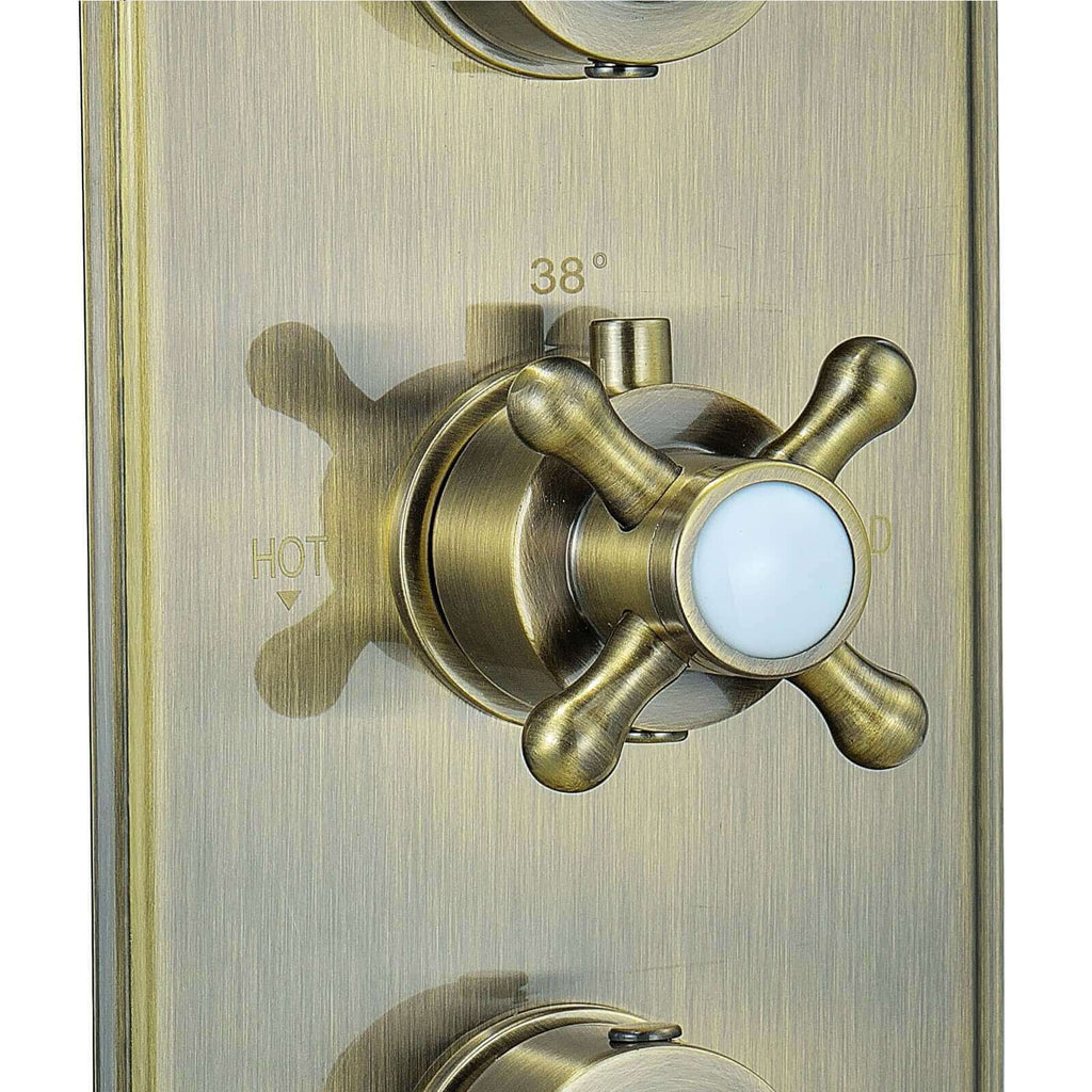 Regent traditional crosshead and white lever concealed thermostatic triple shower valve with 2 outlets - antique brass