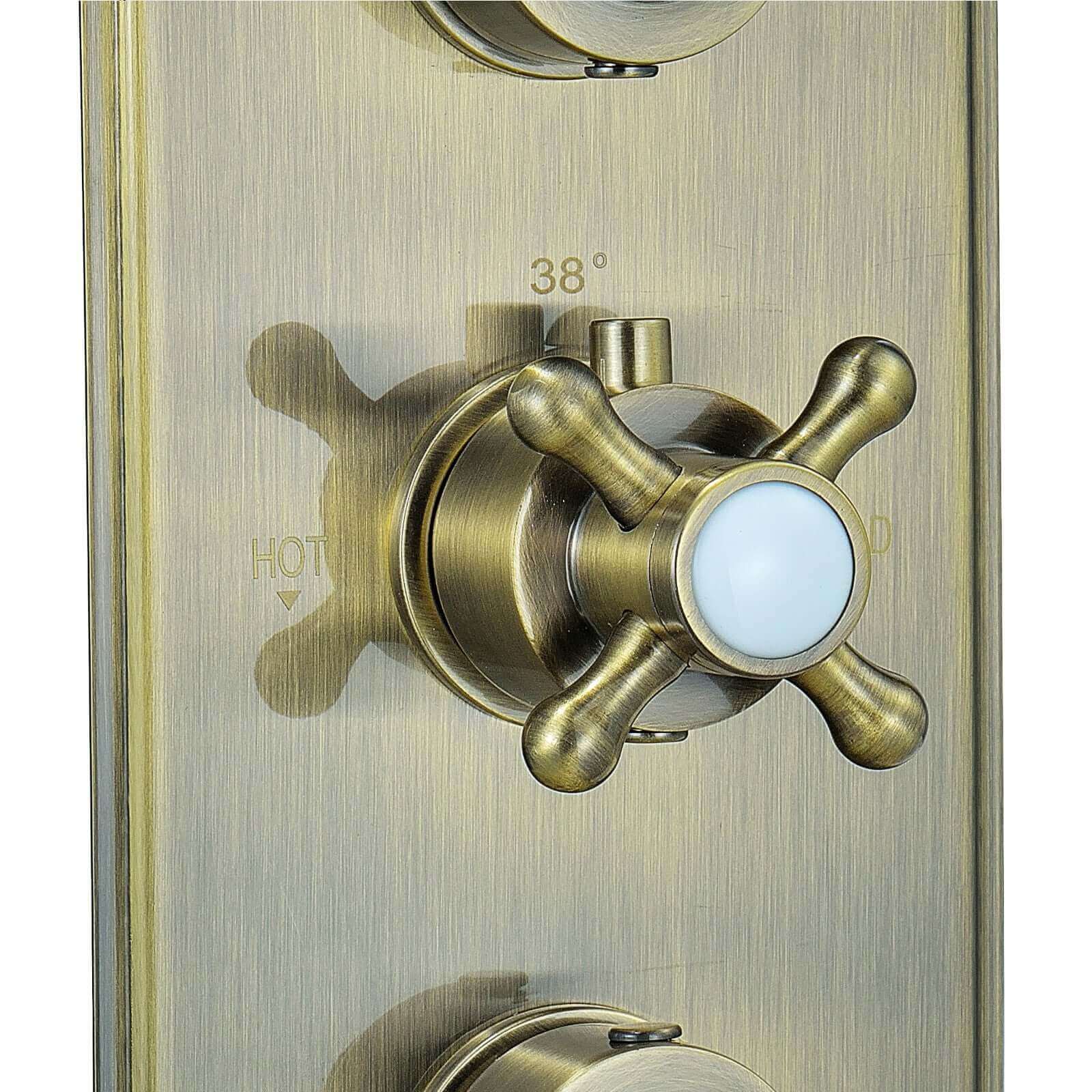 Regent traditional crosshead and white lever concealed thermostatic triple shower valve with 2 outlets - antique brass