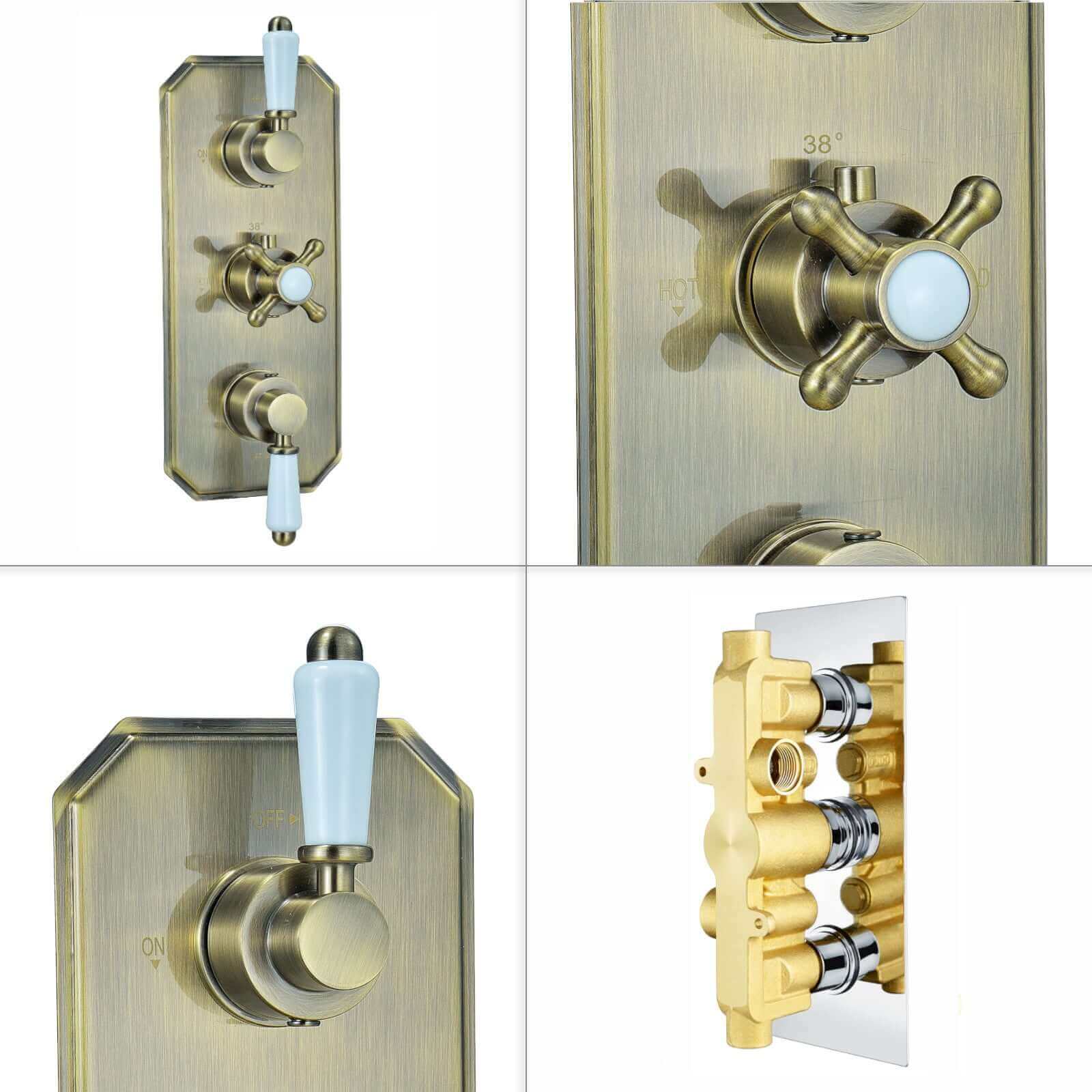 Regent traditional crosshead and white lever concealed thermostatic triple shower valve with 2 outlets - antique brass