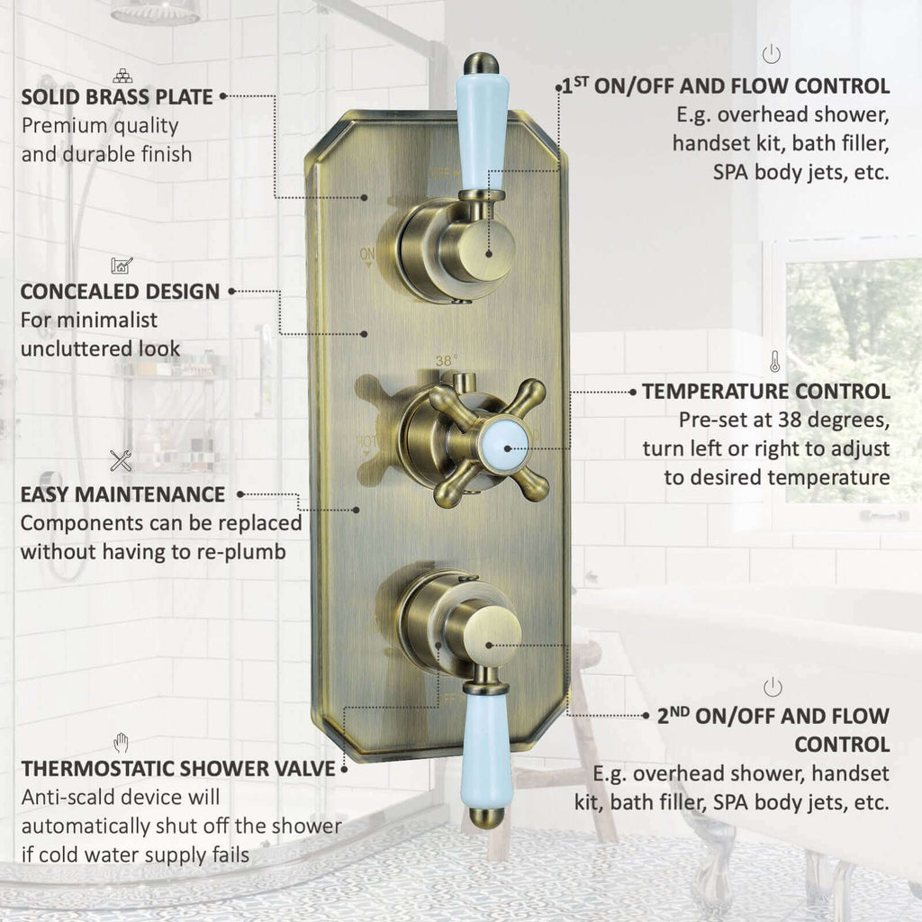 Regent traditional crosshead and white lever concealed thermostatic triple shower valve with 2 outlets - antique brass